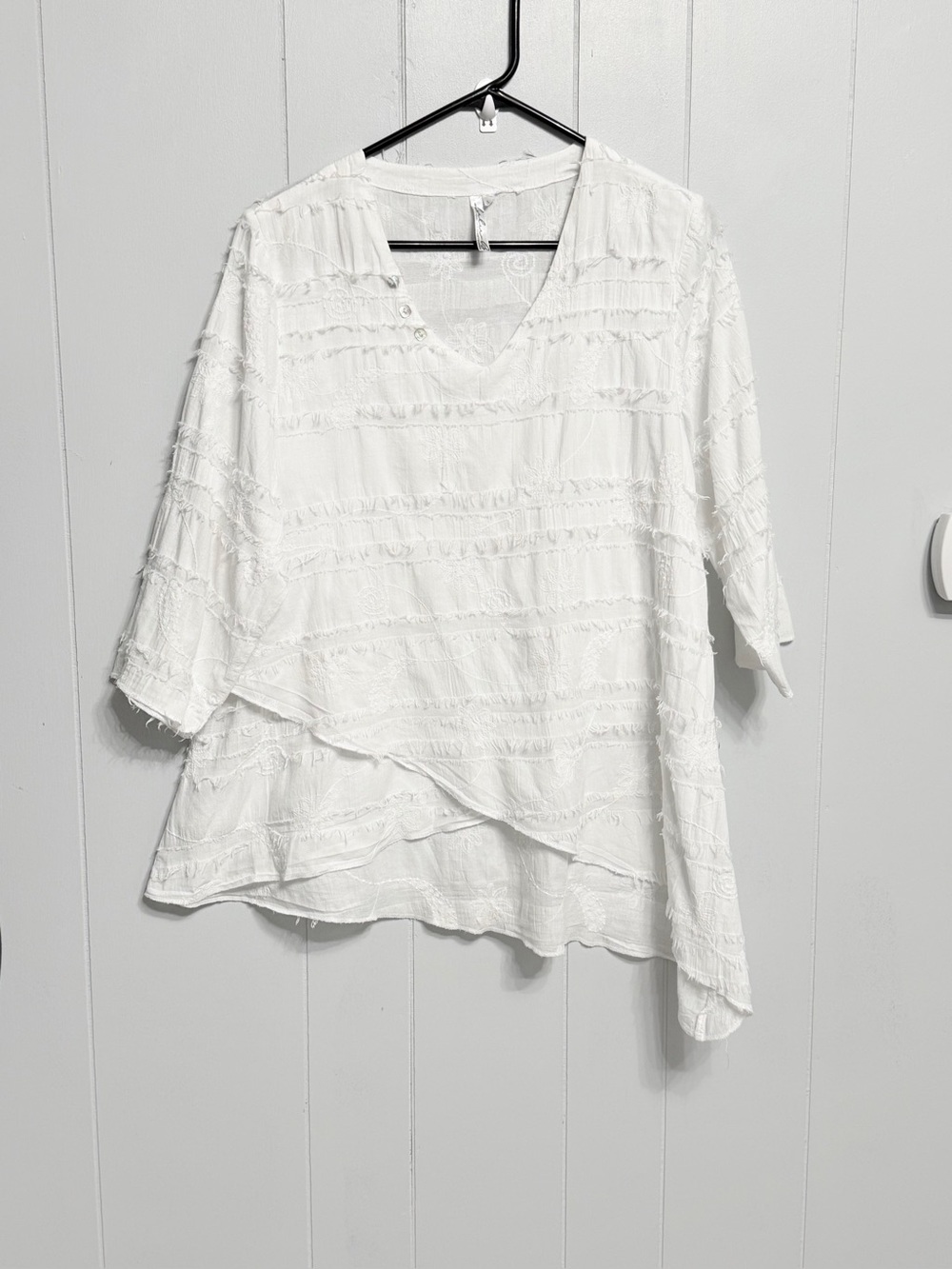 Lulu-B White Cotton Frayed-Trim V-Neck Layered Tunic Top